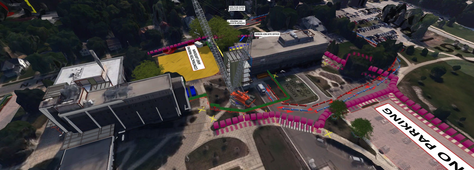 CMBuildeR view showing color-coded routes, parking and laydown, and the job-site office