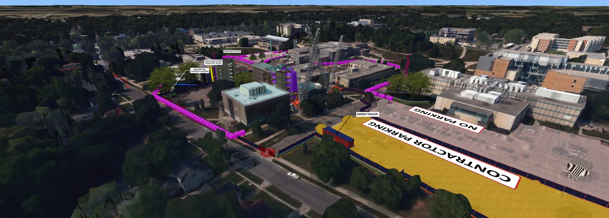 Reverse CMBuildeR campus view showing the relationship between work zones and surrounding buildings