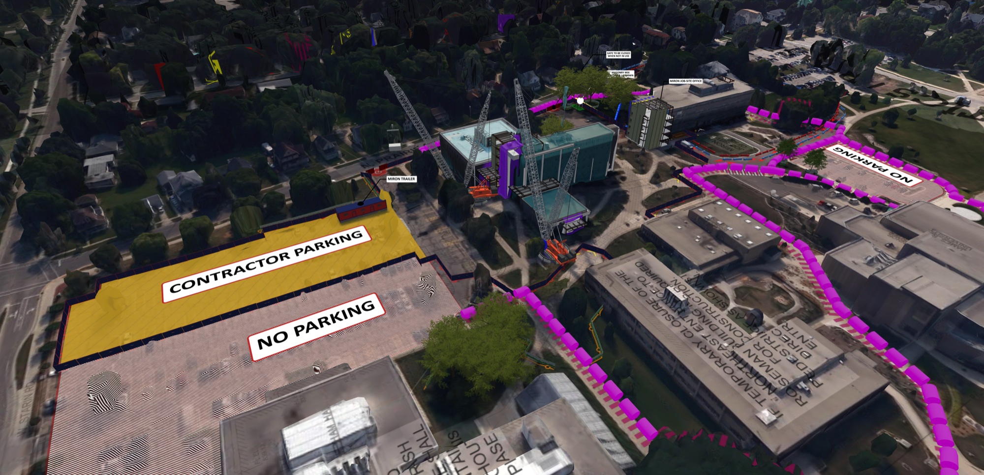 CMBuildeR overview of the site with crane positions, contractor parking, and perimeter routes