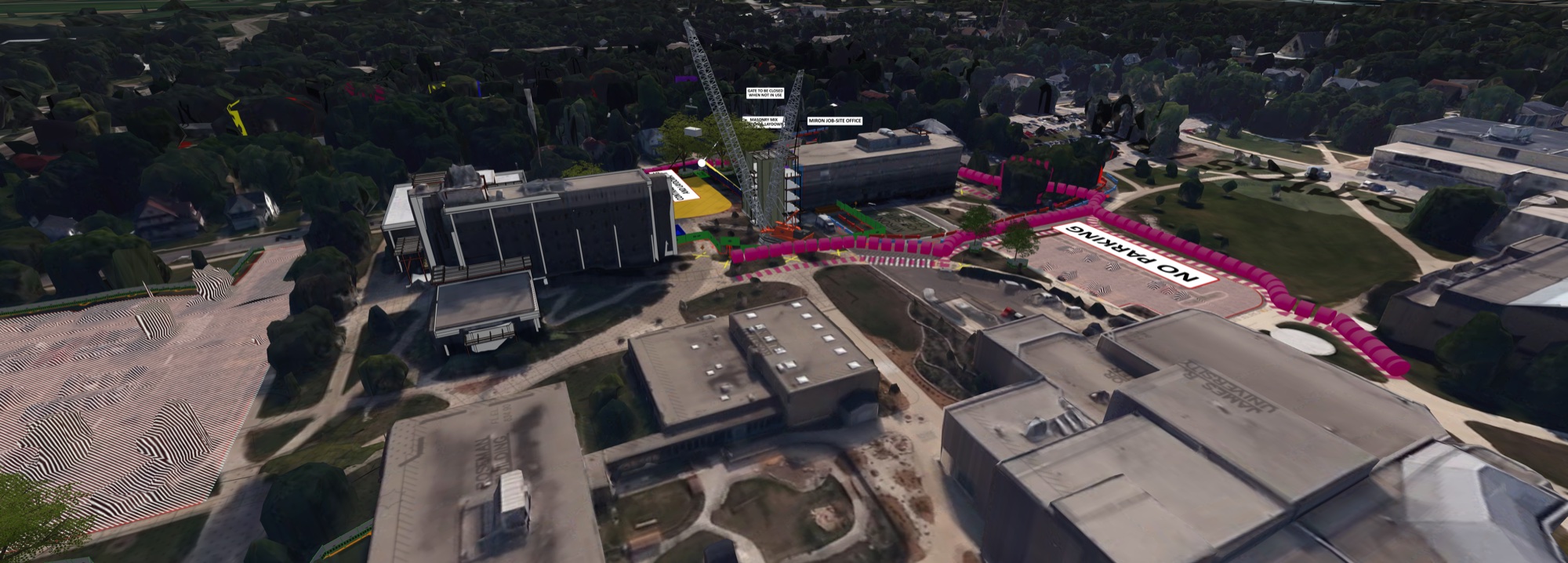 CMBuildeR site view with marked routes and parking restrictions around the work area