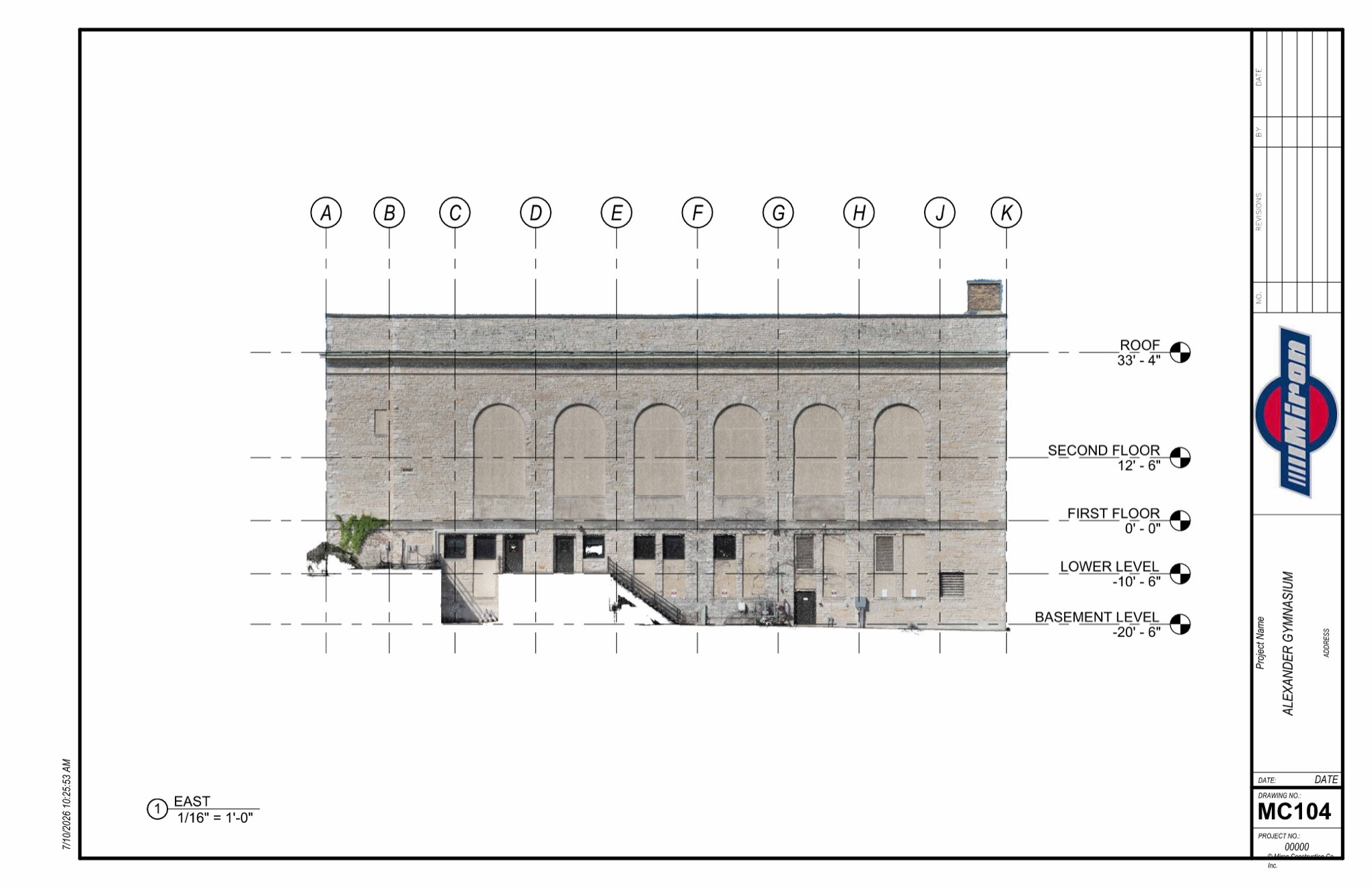Alexander Gymnasium east elevation with grid references and level dimensions