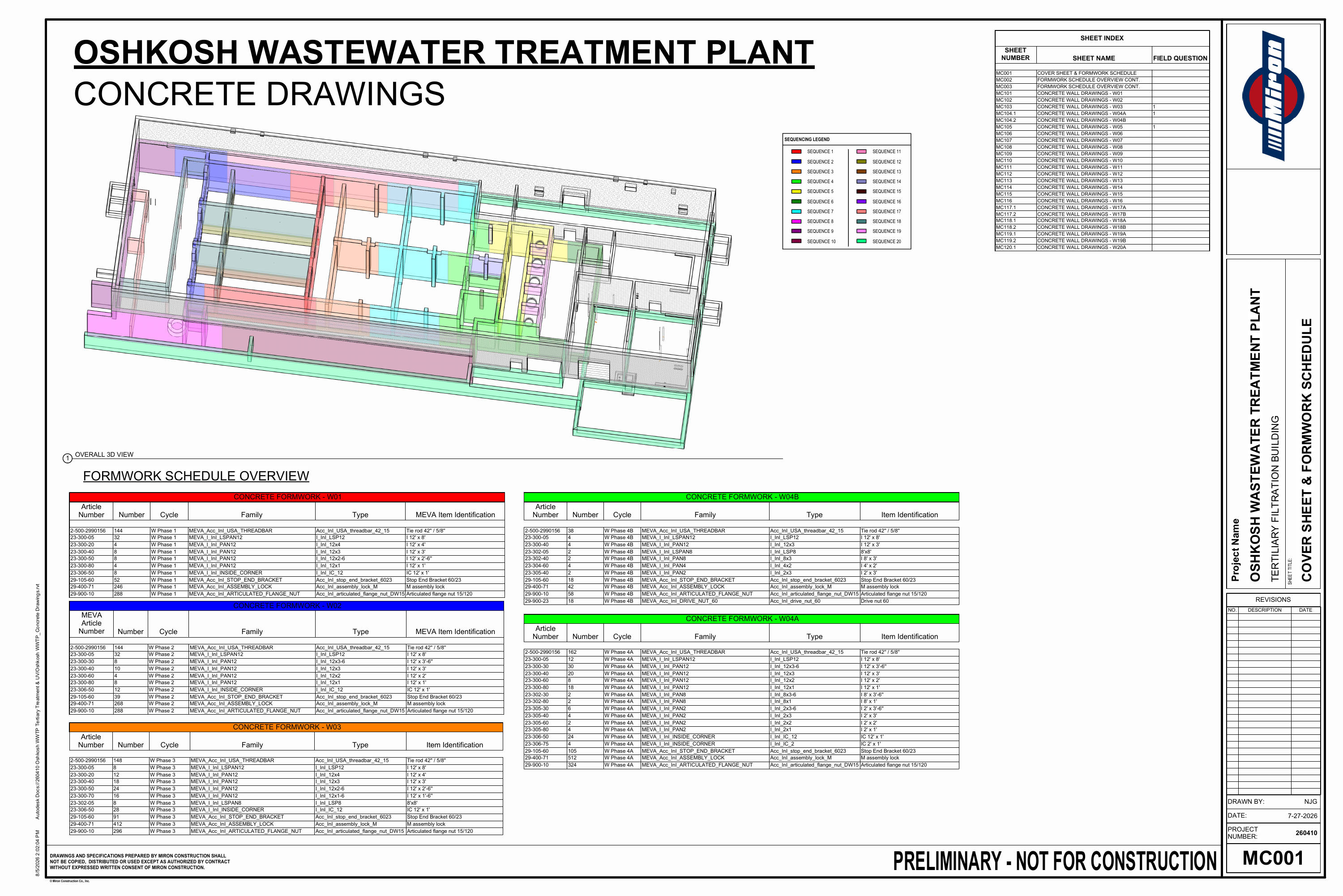 Oshkosh WWTP · Preliminary Concrete Sequence drawing sheet 1 of 26