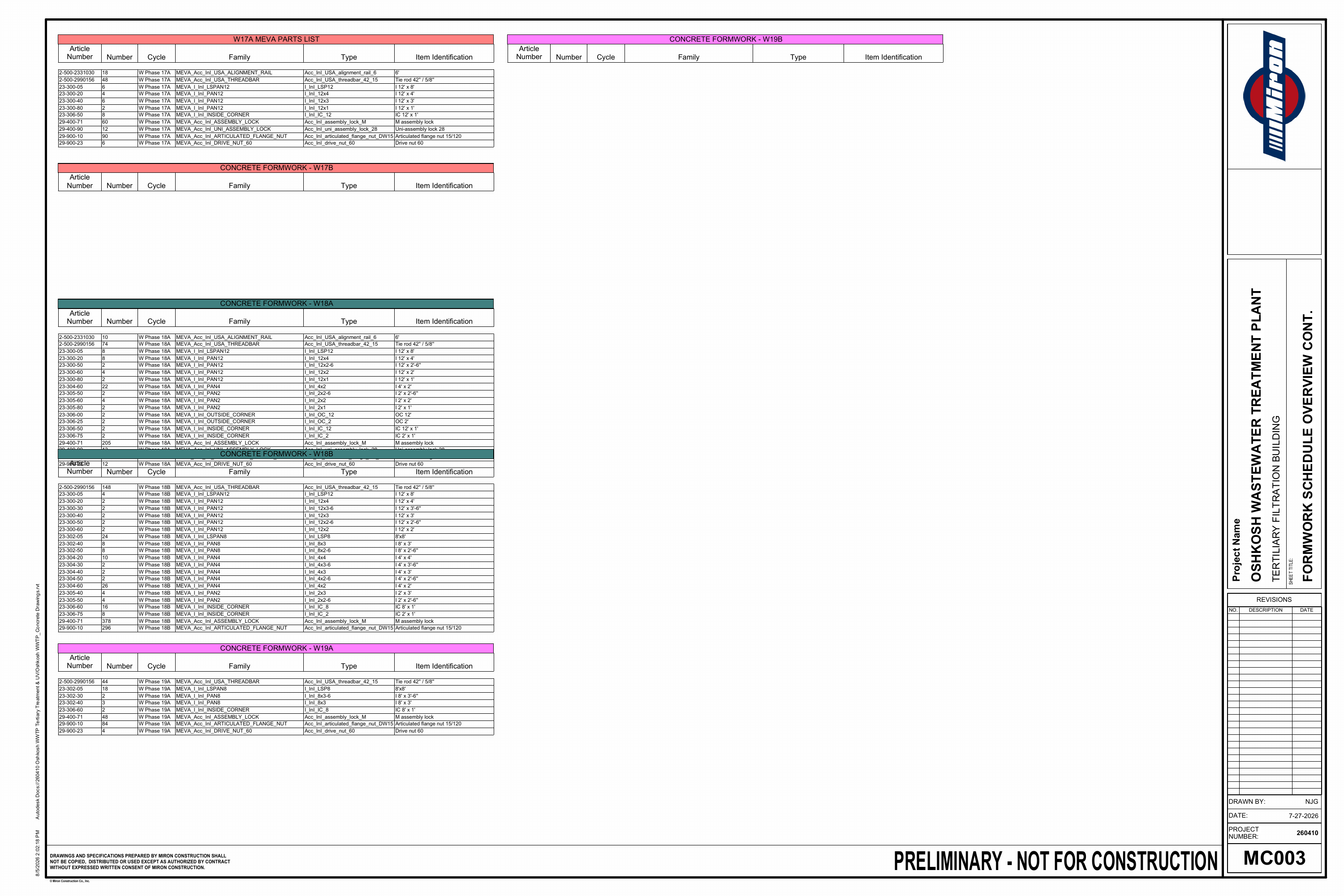 Oshkosh WWTP · Preliminary Concrete Sequence drawing sheet 3 of 26