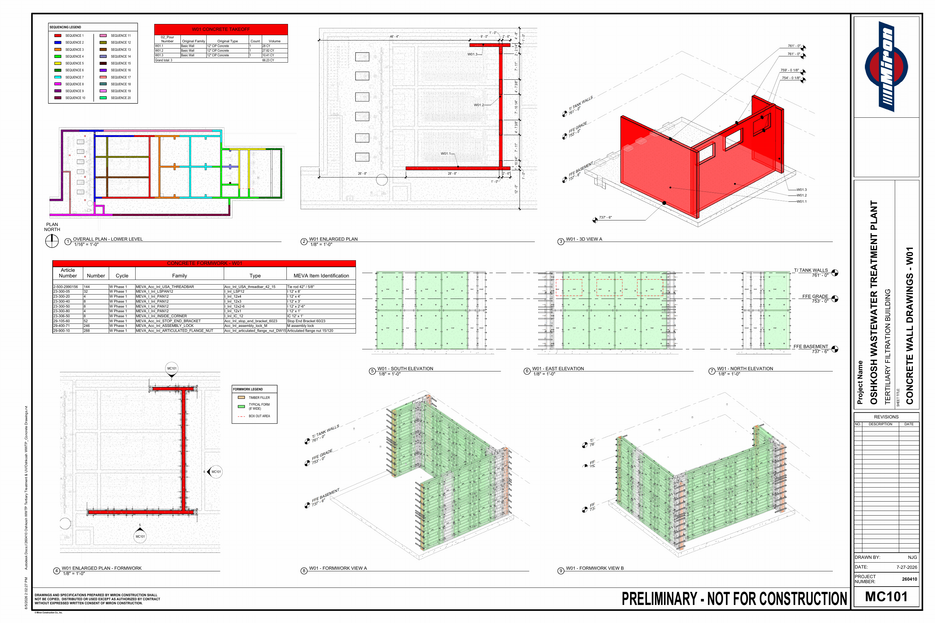 Oshkosh WWTP sheet MC101: red-highlighted W01 pour phase, dimensioned plans, concrete takeoff, MEVA formwork schedule, elevations, and two 3D formwork views