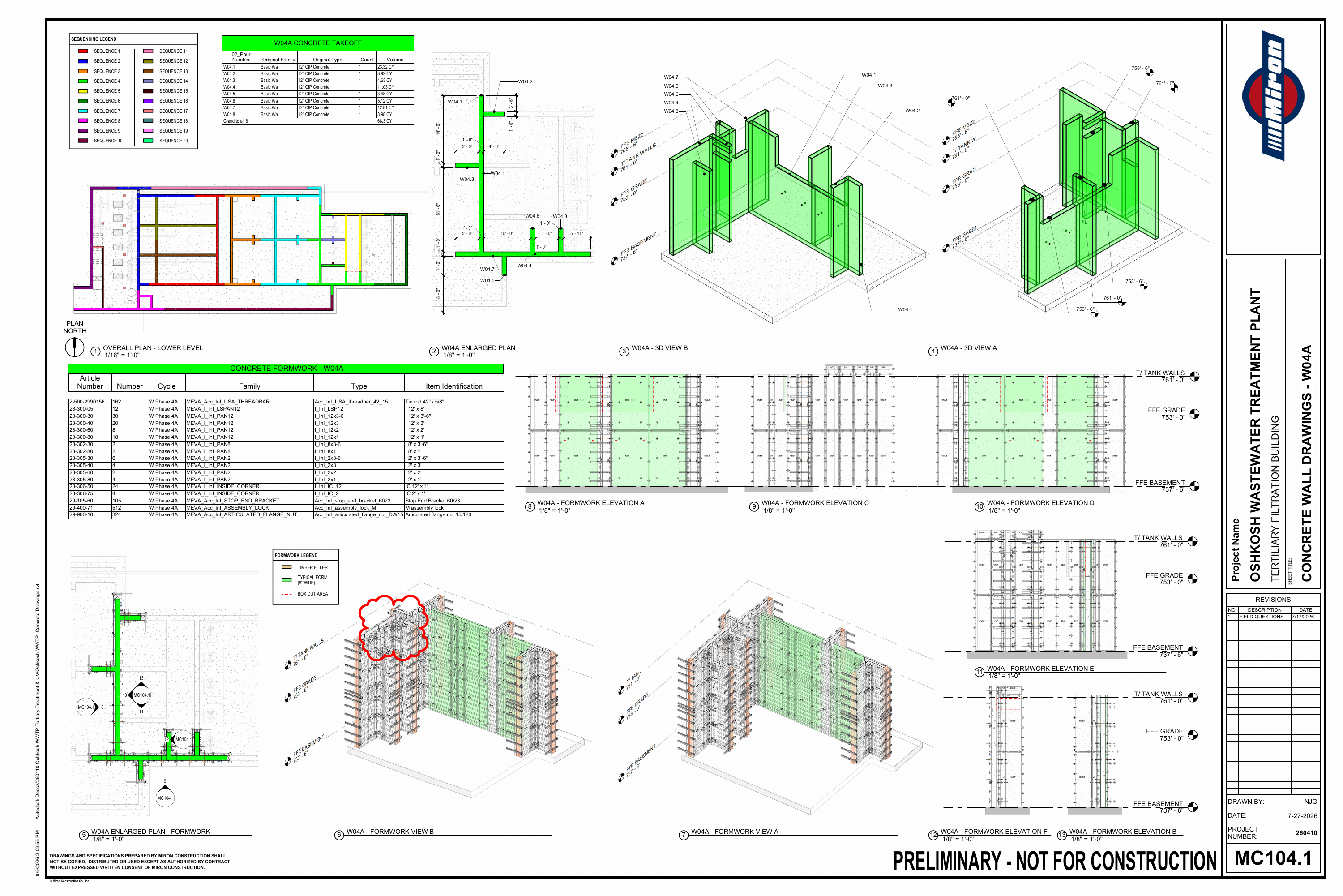 Oshkosh WWTP · Preliminary Concrete Sequence drawing sheet 7 of 26