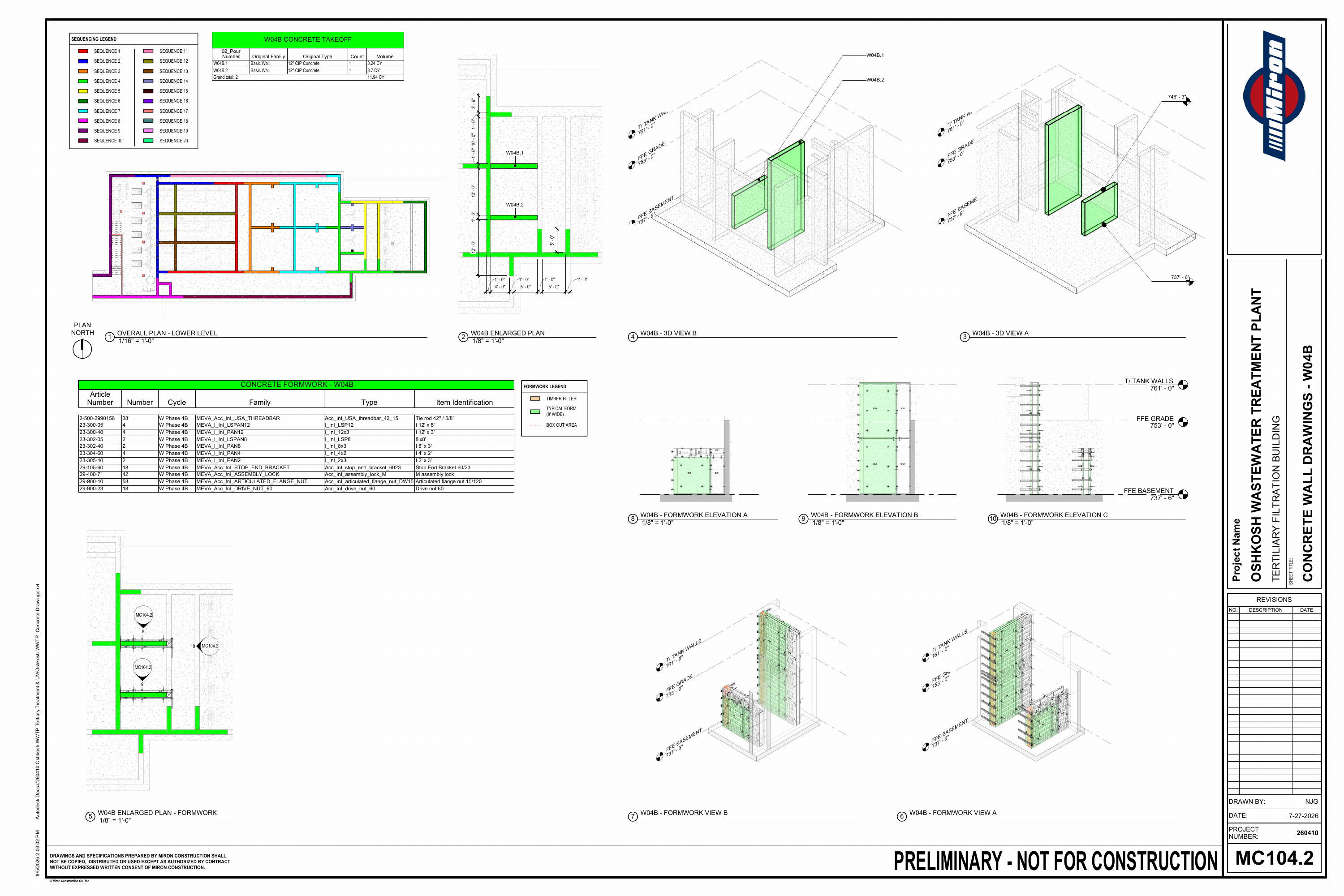 Oshkosh WWTP · Preliminary Concrete Sequence drawing sheet 8 of 26