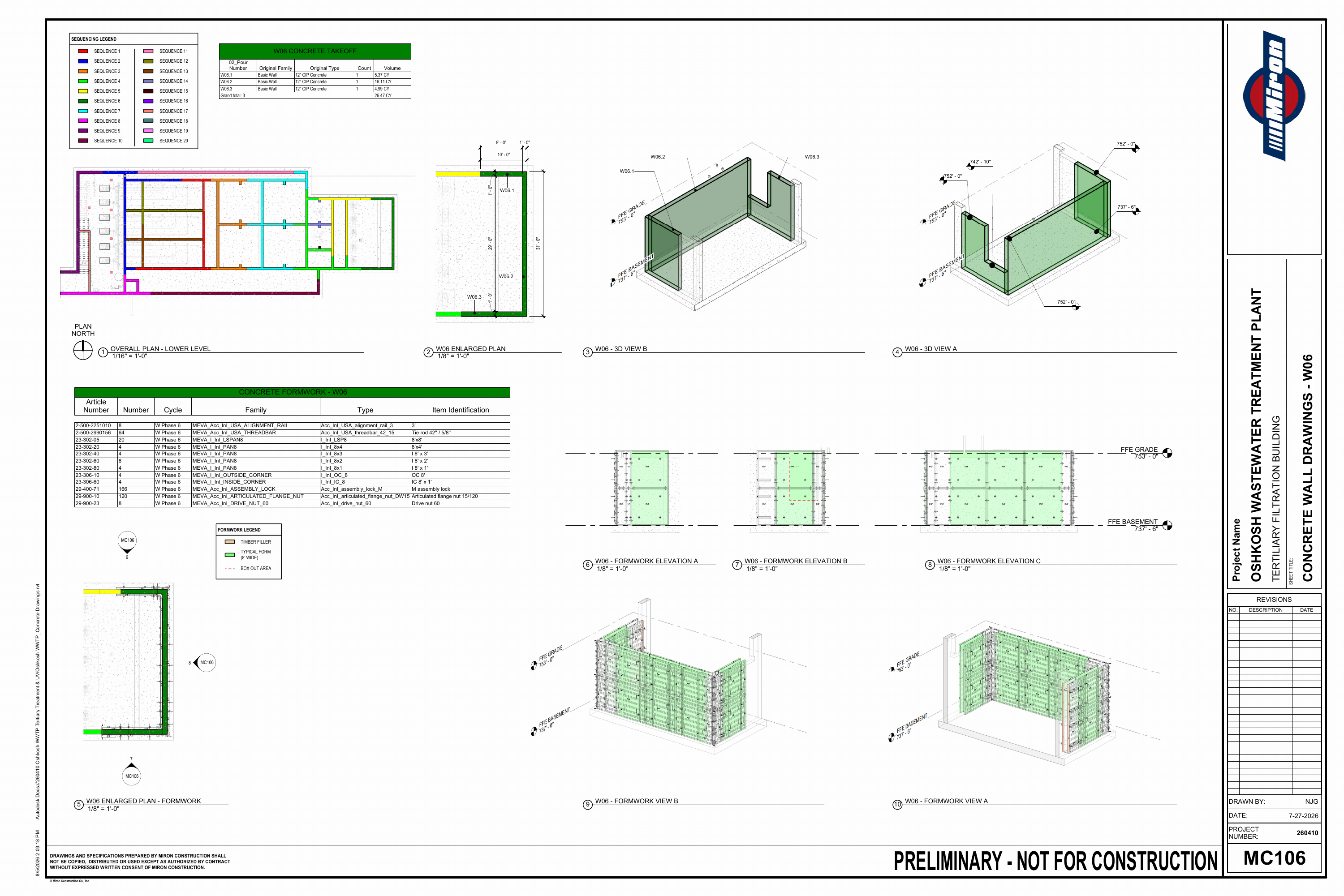 Oshkosh WWTP · Preliminary Concrete Sequence drawing sheet 10 of 26
