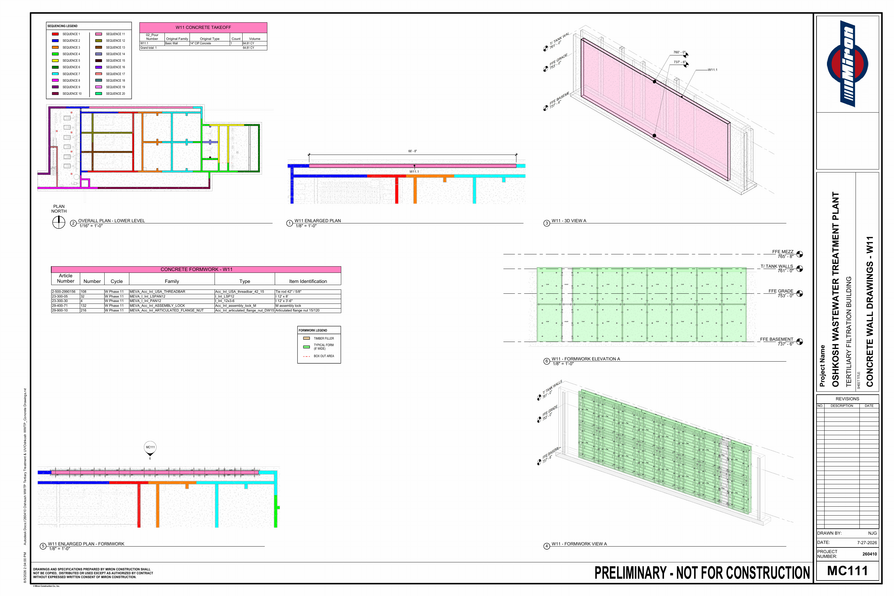 Oshkosh WWTP · Preliminary Concrete Sequence drawing sheet 15 of 26