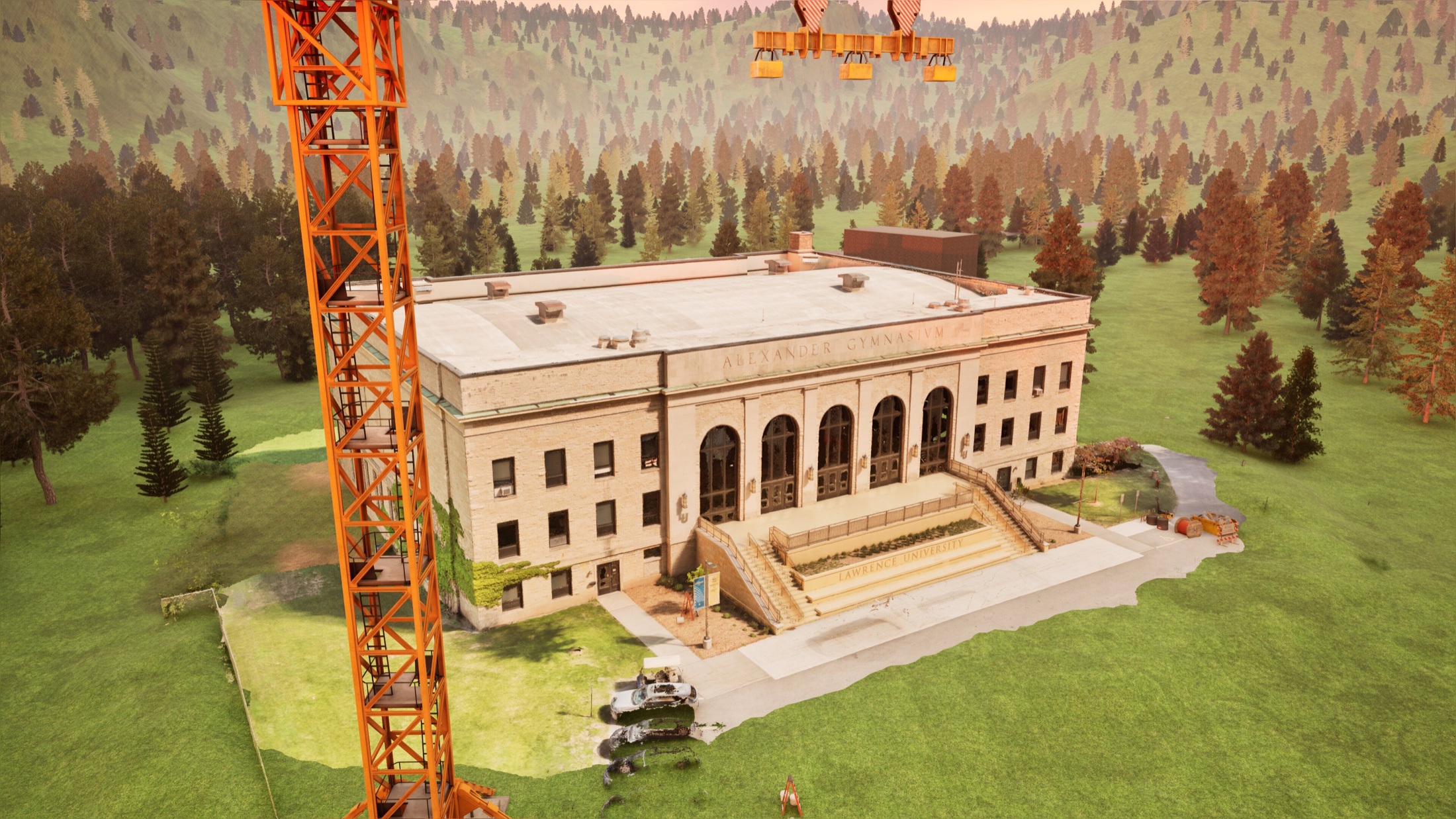 Alternate Alexander Gymnasium visualization with crane, landscape, and building context