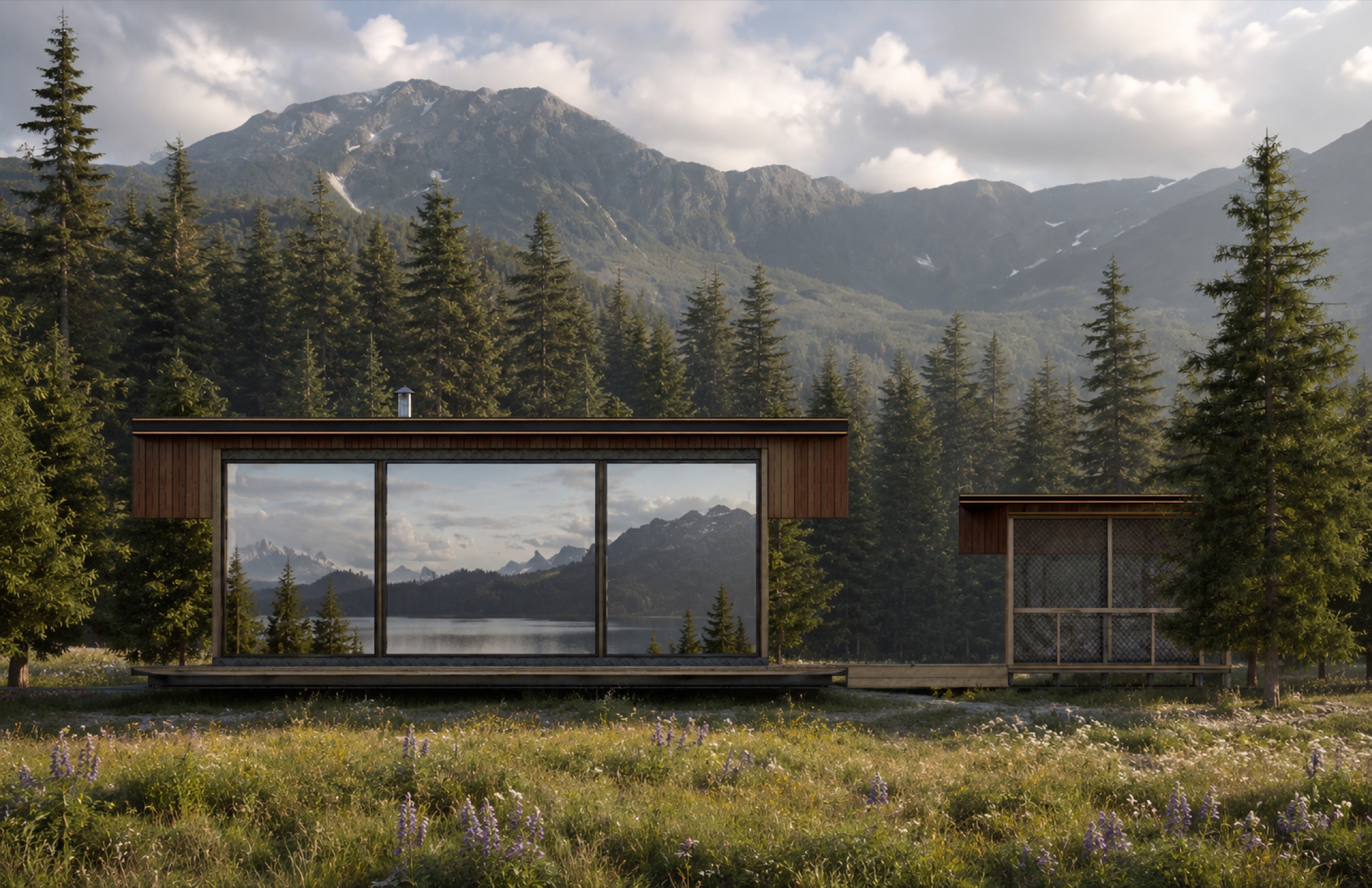 AI-enhanced exterior visualization of The Slate in a wooded lakeside setting
